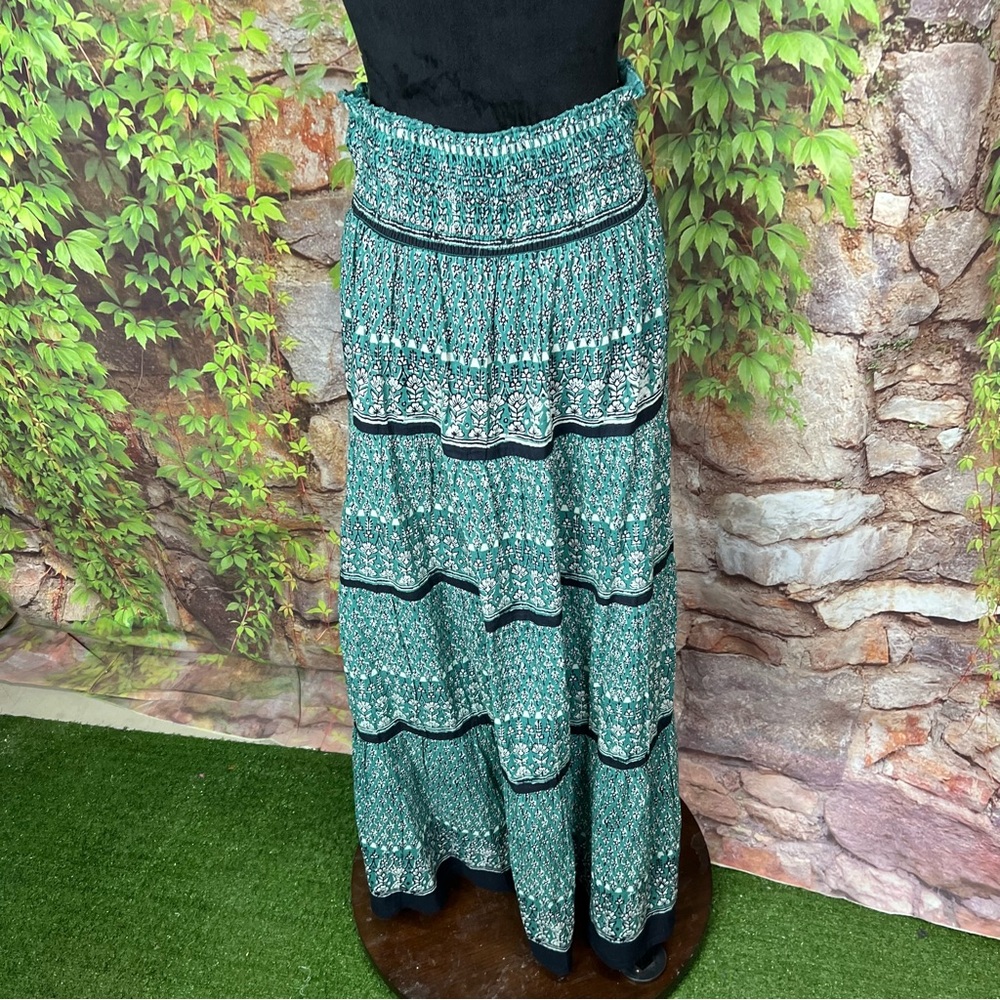 M.A.B.E. Mari Boho Patterned Green Shirred Maxi Skirt, M - Picture 9 of 16